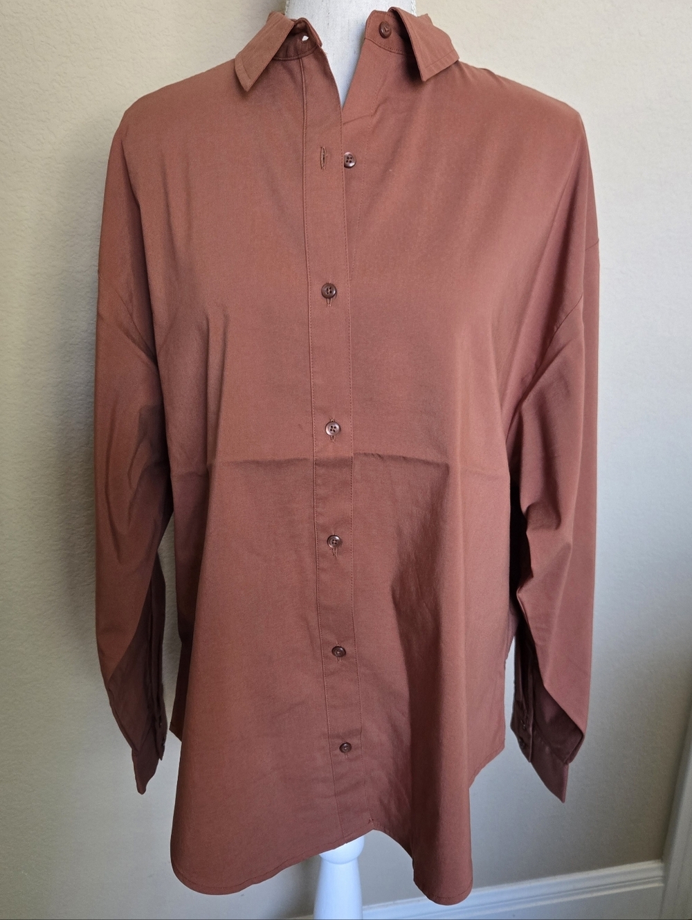 NEW Express Boyfriend Portofino Stretch Cotton Poplin Oversized Shirt Brown - S